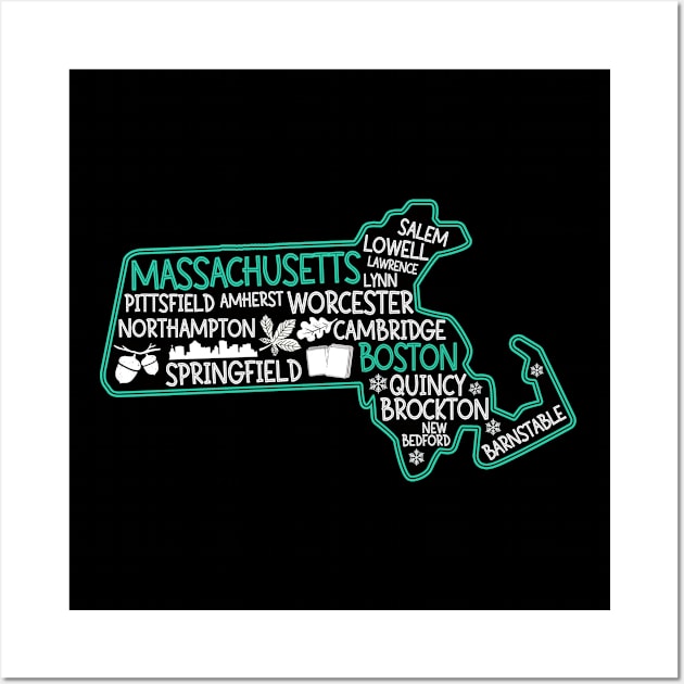 Massachusetts Boston cute map Salem Lowell Lawrence Lynn Worcester Springfield Wall Art by BoogieCreates